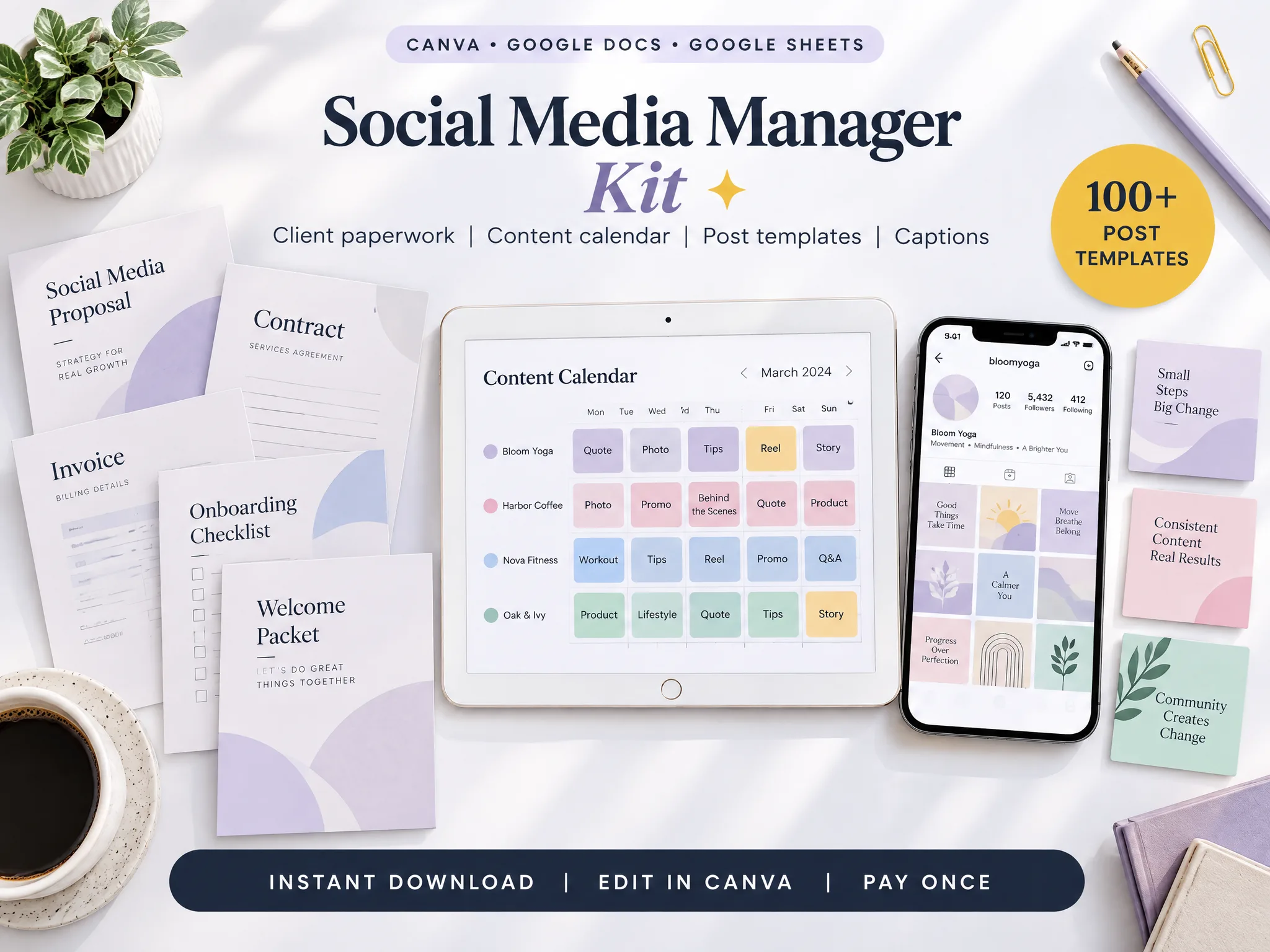 Social Media Manager Kit with client paperwork, content calendar, post templates and captions in Canva